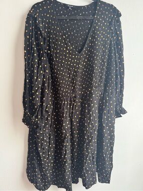 Madewell V-neck Lucie Dress- Black with Gold Polka Dots, V-Neck Smocked Waist